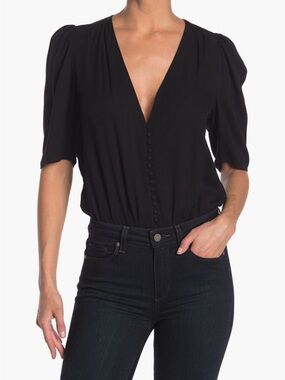 AFRM Alexa V Neck Thong Body Suit, Black Puff Sleeve, Large